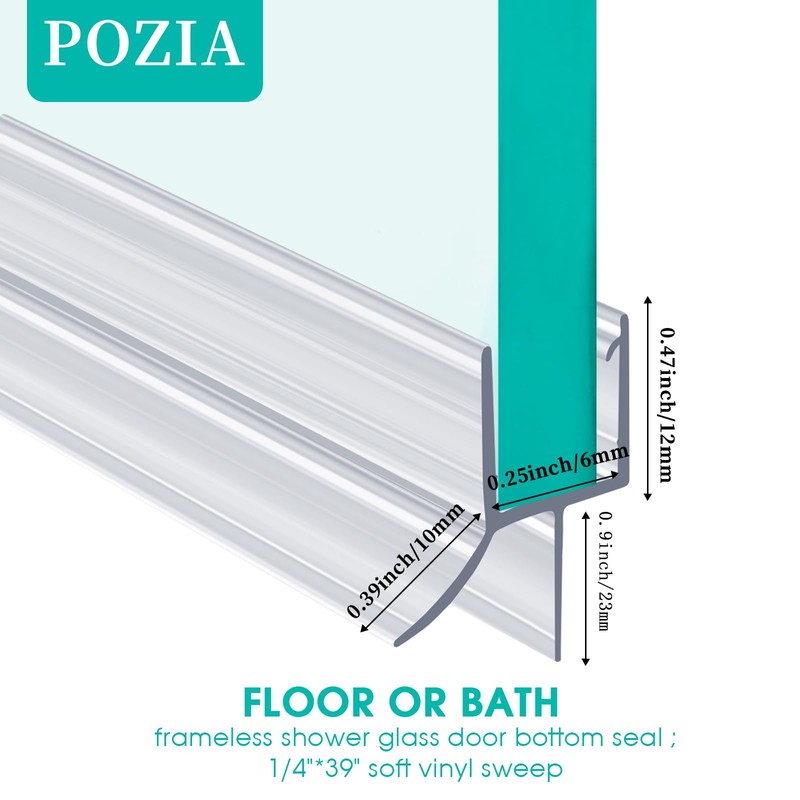 1-Pack Shower Door Bottom Seal POZIA-39 Long,1/4"(6mm) Thick Frameless Glass
