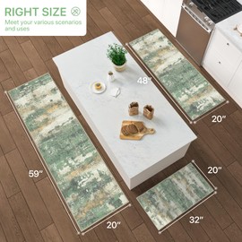GENIMO Kitchen Rugs Sets of 3 Non Slip Washable Kitchen Mats for Floor, Waterproof Abstract Kitchen Runner Rug, Floor Mat Carpet for Hallway, Laundry, Sink, Entryway, Bathroom, Green