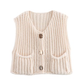 Hvewarm Womens Casual Chunky Knit Vest Gold Button Down Crop Crochet Sleeveless Sweater Vest (Beige-M)
