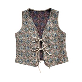 Verdusa Women's Vintage Tie Front Vest V Neck Floral Print Boho Sleeveless Waistcoat Multicolor Large