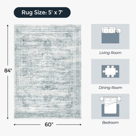 Carpelux 5x7 Washable Area Rugs for Living Room, Soft Faux Wool Carpets for Bedroom Dining Room, Neutral Vintage Distressed Non Slip Stain Resistant Grey Blue Rug for Home Office Decor