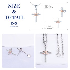 INFINIONLY Cross Necklace and Earrings for Women Girls, 925 Silver Jewellery Sets, Silver Cross Matches Mini Rose Gold Infinity Symbol, Inlaid Zircon, Colour Electroplating Process, Cubic Zirconia