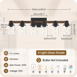 GOEBLESON 6-Light Bathroom Light Fixtures, Farmhouse Vanity Lights for Bathroom with Glass Square Shade, Rustic Vanity Lights, Sconce Wall Light, E26 Base (Bulbs Not Included), ETL Listed FS12BD05