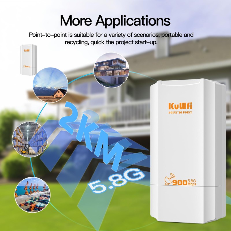 KuWFi Point to Point Wireless Bridge, 5.8G 900Mbps 2KM WiFi