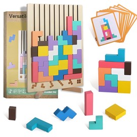 Wooden Tetris Montessori Colourful, Tetris Wooden Game 3D, Montessori Puzzle, Tetris Game with 42 Stones and 10 Challenge Cards, Montessori Toy from 3 Years, Gift for Children