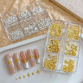 2 Boxes Star Nail Charms for Nails Art 3D Gold Silver Star Nail Charms Metallic Studs Rhinestones Nail Jewelry Y2K Decorations Manicure Kit Nails Art Supplies for Women Acrylic Nail Accessories