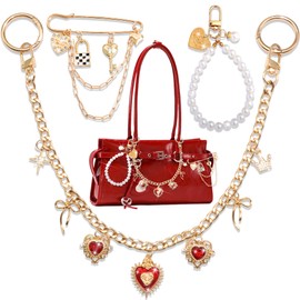 BELICEY Gold Bag Charm Chain Red Heart Rhinestone Purse Charms Set Dazzling Star Bow Purse Chain Elegant Pearls Keychain for Handbag Safety Pin for Wallet Crossbody Shoulder Bags Accessories