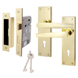 EAI Polished Brass Door Handle Key Lock Set | 1 Pair Internal Keylock Handles with Lock (64mm) | Straight Pattern