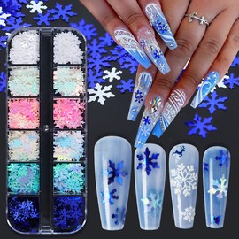 12 Grids Snowflake Nail Art Glitters White Snowflakes Sequins 3D Christmas Nail Decals DIY Nail Accessories Christmas Nail Art Supplies Xmas Winter Nail Stickers for Acrylic Nails Decorations
