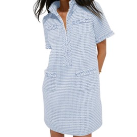 COZYPOIN Womens Tweed Mini Dress Elegant Front Half Zipper Short Sleeve Casual Work Straight Tube Dress with Pockets Blue