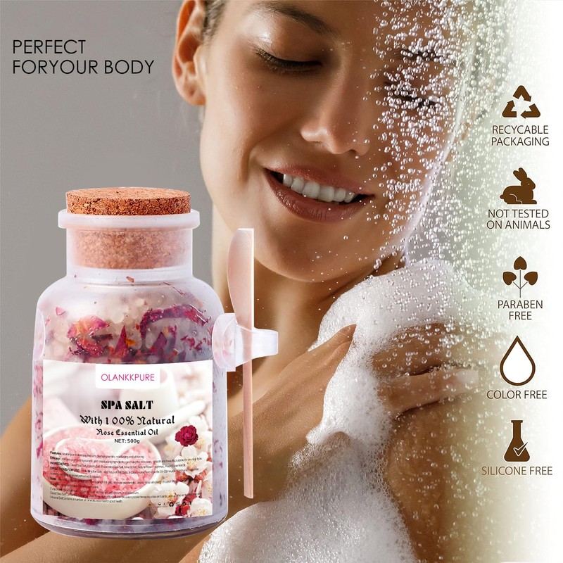 OLANKKPURE Epsom Salt with Rose Petals 500g,Bath Salts 100% Natural