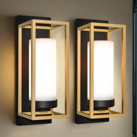 ALVIME Modern Outdoor Wall Lights, 2 Pack Gold Exterior Lighting Fixtures, Waterproof Outdoor Wall Sconce, Porch Light Outside for House, Garage, Front Door, E26 Base&Etched Opal Glass