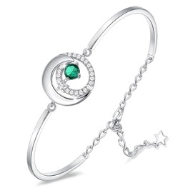 FANCIME Emerald Bracelet May Birthstone Bracelets for Women Sterling Silver Moon and Star Bangle Green Gemstone Jewelry Birthday Anniversary Christmas Gifts for Mom Her, 6.7"+1.2"