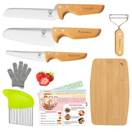 Kibbidea Kids Safe Knives for Real Cooking, 11-Piece Kids Cutting Board and Kitchen Knife Set, BPA-free, Firm Grip, Serrated Child Friendly Chef Knives for Starter