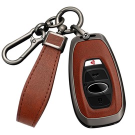HIBEYO Key Fob Cover for Subaru Outback Ascent Forester Crosstrek Legacy Accessories with Keychains Alloy PU Leather Material Key Case Holder Cover Protector-Black Brown