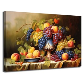 Kitchen Fruit Canvas Wall Art Vintage Still Life Painting Fruits and Grape Print Picture Rustic Farmhouse Colorful Framed Food Art for Dining Room Home Decor