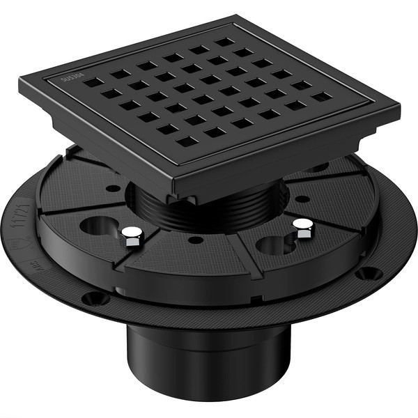 ZEKOO Square Shower Drain with Flange CUPC Certified-4 Inch Matte Black Shower Floor Drain, 304 Stainless Steel with Grate Removable