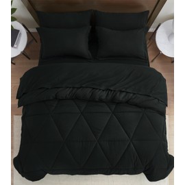 Chezmoi Collection Jasper Black Oversized Queen Bed in a Bag 7-Pieces Triangle Geometric Quilted Stone Washed Microfiber Comforter with Sheets Lightweight All Season Bedding Set