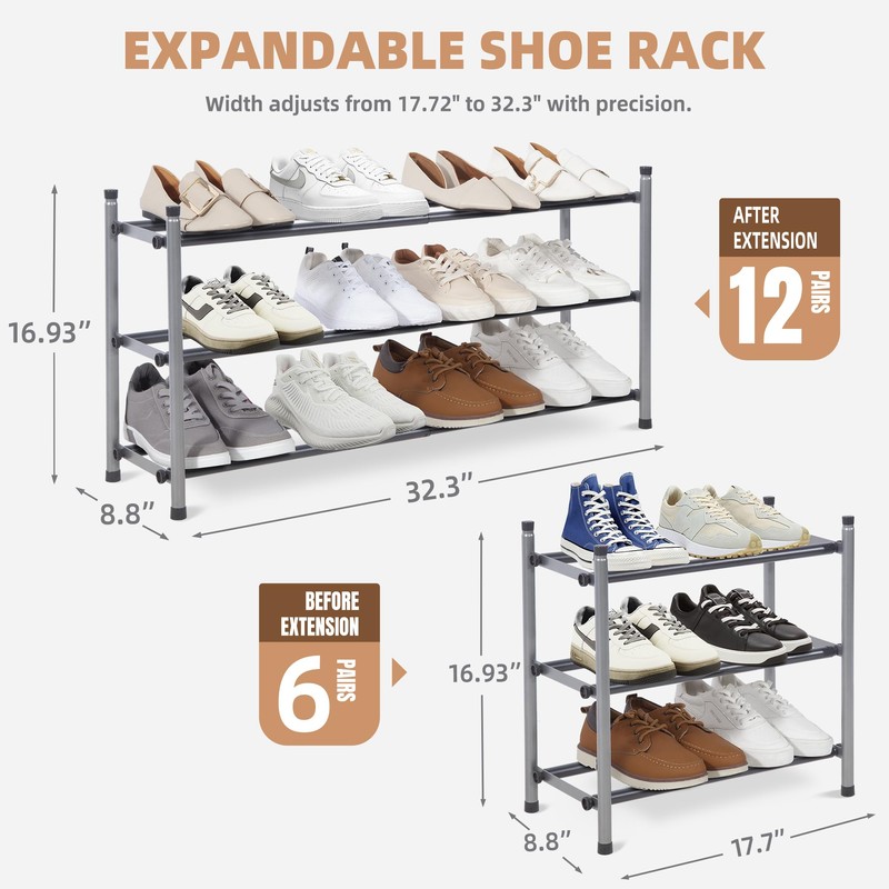 STORAGE MANIAC Expandable Shoe Rack, 12 Pairs Stackable Small Shoe