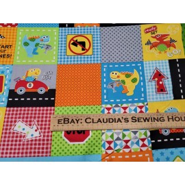 Marcus Brothers Textiles Go Go Dino BTY Lollipop Rainbow Marcus Brothers Dinosaur Race Car Flag Patchwork