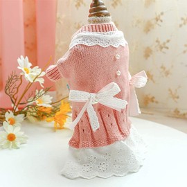 Pet Sweater Dress Small Dog Dress with Bow Female Warm Dog Princess Lace Dress Clothes Dachshund Chihuahua Corgi Cat Dress for Christmas Birthday Thanksgiving Day Valentines Day (Pink, Large)