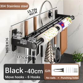 Hanging Wall Mount knife Wall Mount, Kitchen Organizer Storage Shelf for Utensils Spatula Spoon, Space-Saving Knife Rack with Hooks,Wall-Mounted Utensil Holder (Black, 40CM+Three Poles+6Hooks)