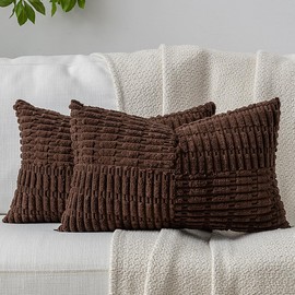 DEZENE Patchwork Throw Pillow Covers Set of 2 Striped Soft Corduroy Rectangular Lumbar Decorative Couch Pillow Cases Boho Accent Farmhouse Home Decor for Bed Sofa Living Room, Brown, 12x20-Inch