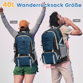 RAINSMORE Hiking Backpack Men Women 40L Waterproof Backpack Lightweight Travel Backpack Foldable Bicycle Backpack Daypacks with Reflective Stripes Trekking Backpack Black, blue