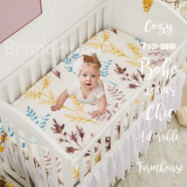 Brandream Gender Neutral Boho Bohemian Crib Bedding Set Baby Girl Boy Nursery Crib Bedding Set - 6pc - Yellow Green White Leaves Farmhouse Chic Unisex Blanket Set with Pompom Design