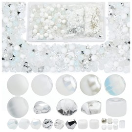900pcs Snow White Beads for Jewelry Making, 12 Types Assorted Beads in One Box, Including Round Beads, Glass Pony Beads, Rondelle Beads, Rock Beads, Bicone Beads and Seed Beads