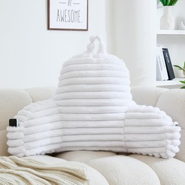WERDIM Reading Pillow for Sitting in Bed, Faux Fur Back Pillow for Rest, Bed Chair Pillow with Arms and Pockets(XLarge, White)