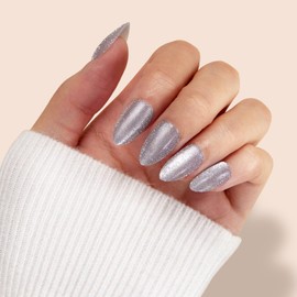 VSALON Short Almond Press-On Nails - Silver Glitter Nails Kit, Reusable Fake Nails with Nail Glue, Protector Essential Oil, Adhesive Tabs & Mini Nail File - 32 PCS in 16 Sizes (Shining Starlight)