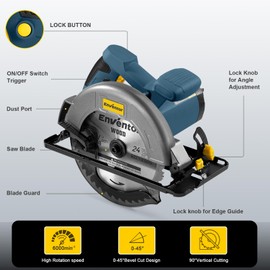 Enventor Circular Saw Corded, 11A Electric Circular Saws 7-1/4-Inch with 24T Blade Saw, Max Cutting Depth 2-7/16"(90°), 1-8/9"(0°-45°), Single Handed Bevel, 6,000RPM