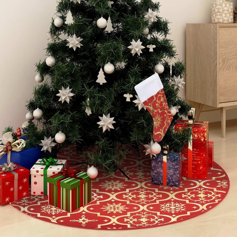 "vidaXL Luxury Christmas Tree Skirt with Sock - Red Fabric,