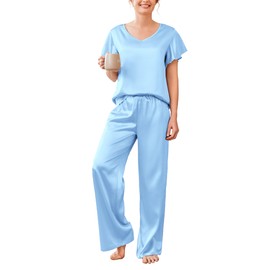 Ekouaer Silk Pajamas for Women Set 2 Piece Satin Pajama Set Short Sleeve Silk Pj Sets Silky Loungewear Sleepwear Clear Blue Large