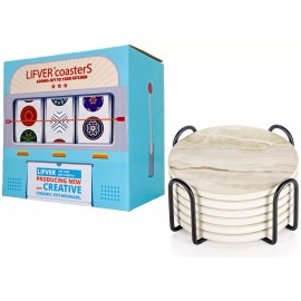 LIFVER Drink Coasters 6pk Absorbent Coaster Marble Style Ceramic 4in with Holder