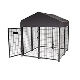 Lucky Dog Stay Series Studio Jr. 4 x 4 x 4.3 Foot Black Powder Coat Steel Frame Villa Dog Kennel w/ Waterproof Canopy Roof and Single Gate Door, Grey