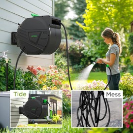 Tuyeho Retractable Garden Hose Reel 100FT, Wall Mount Heavy Duty Water Hose Reels with Automatic Slow Rewind System, Outdoor Hoses Reel with 2 Hose Nozzles for Garden Watering, Car Wash, Pet Shower