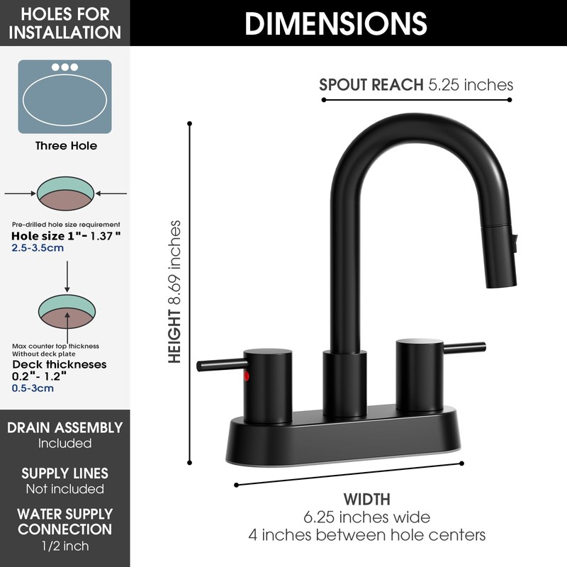 NOHALIPY Stainless Steel Matte Black Bathroom Faucet with Pull Out