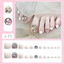 White Press on Toenails Short Square Fake Toe Nails with Colorful Rhinestone Charm Design Spring False Toenails Glossy Summer Glue on Toenails Cute Full Cover Toenails for Women Girls Manicure 24Pcs