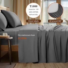 LBRO2M 100% Cotton Sheets Set Deep Pocket 24", 1000 Thread Count Full Size 4 Piece Bed Sheet Sets Soft Comfortable Bedding All Season (Full, Dark Gray)