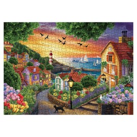 Beach Ocean House Puzzles for Adults 1000 Pieces, Colorful Sunset Lighthouse Sailboat Landscape Scenic Jigsaw Puzzles, Fun Cat Bird Tree Floral Scenery Puzzle