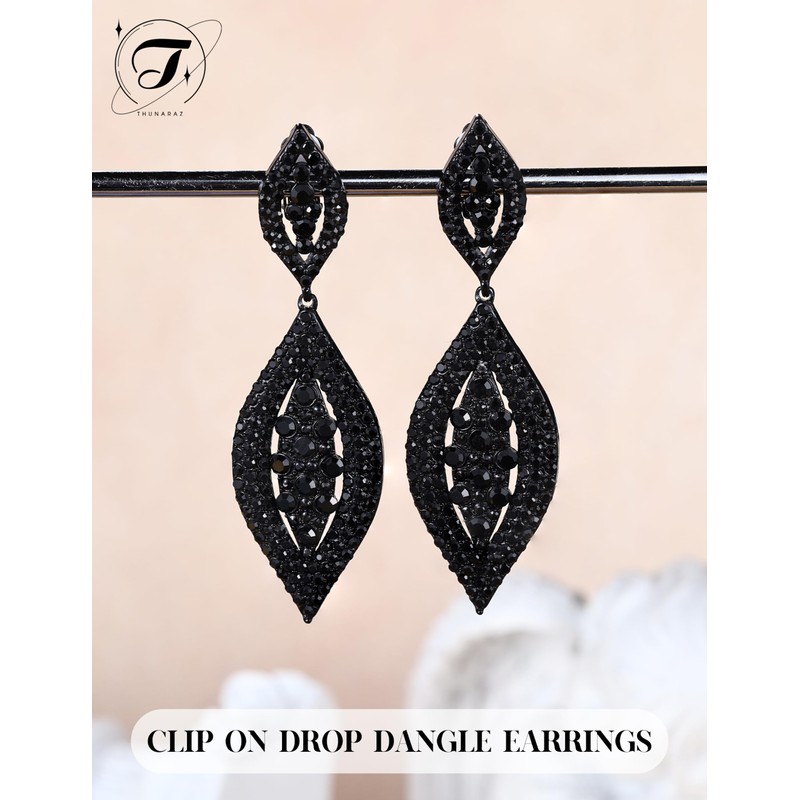 THUNARAZ Clip on Earrings for Women Glitter Rhinestone Crysta Black