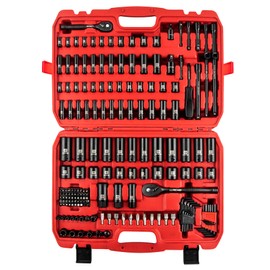 LLNDEI 1/4 & 3/8 Inch Drive Impact Socket Set, 186 Pieces Metric and Standard Full Sockets, CR-V Deep & Shallow Sockets Tool Set with Ratchet Wrench Handle, Spark Plug Socket, Bits for Mechanic