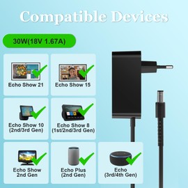 30W 18V 1.67A Netzteil für Echo Show 8, Echo Show 10, Echo Show 15, Echo Show 21, Echo(3./4. Gen), Echo Show (2. Gen.), Echo Plus (2. Gen) Ladegerät, 1.5M Netzkabel -Schwarz