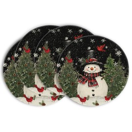 Artoid Mode - Juego de 4 manteles individuales redondos de Navidad con forma de muñeco de nieve, copos de nieve, 14 pulgadas, color negro, para decoración de comedor