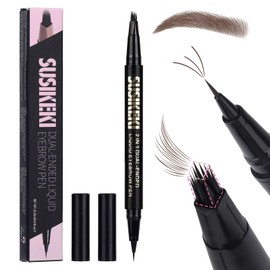 SUSIKEKI Dual Ended Microblading Eyebrow Pen - 2 in 1 Liquid Eyebrow Pencil with Brow-Fection Angled Brush & Precise Detail Brush-Tip, Shapes & Fills Hair-Like Looking Brows, Lasts All-Day, Dark Brown