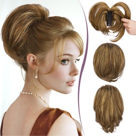 RUWISS Claw Clip Short Human Hair Ponytail Extension with Bendable Metals for DIY Styles, Straight Messy Bun Hair Piece for Women Thick Hairpieces for Daily Wear, 9 Inch Brown with Blonde Highlight