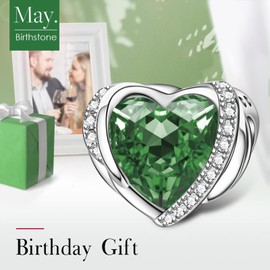 NINGAN Birthstone Charms for Bracelet, Angel Wings 925 Sterling Silver Love Heart Bead Pendant Engraved Joy, Birthday Mother's Day Jewellery Gifts for Women Girls, Cubic Zirconia, Cubic Zirconia