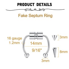 QWALIT Fake Septum Ring Fake Septum Piercing Faux Septum Nose Rings Clip on Septum Nose Ring Non Piercing Faux Septum Piercing Fake Septum Hoop Fake Septum Jewelry Fake Septum Nose Ring Silver Black